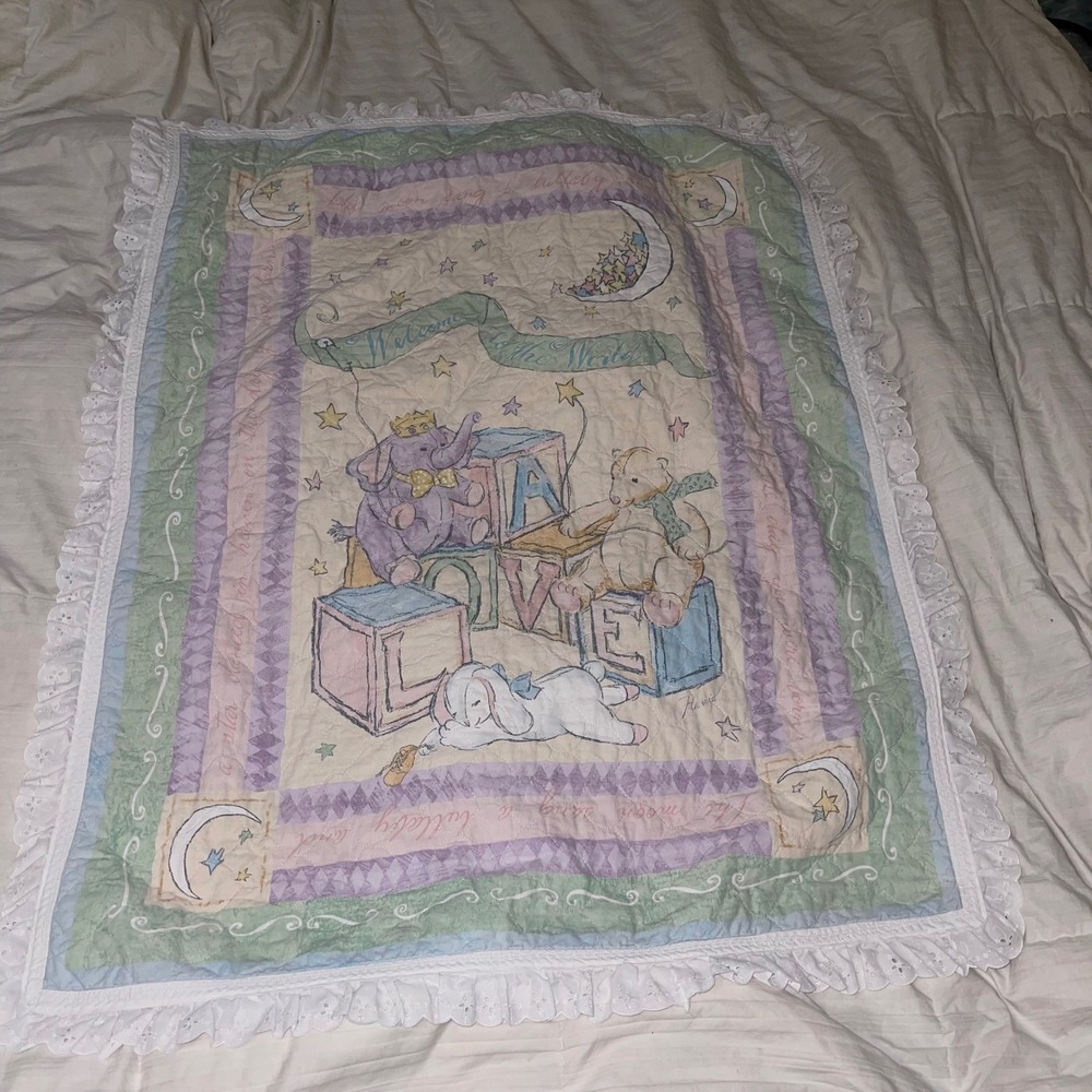 Vintage Pastel Baby Quilt Crib Blanket ABC Blocks Animals Lace Trim Reversible